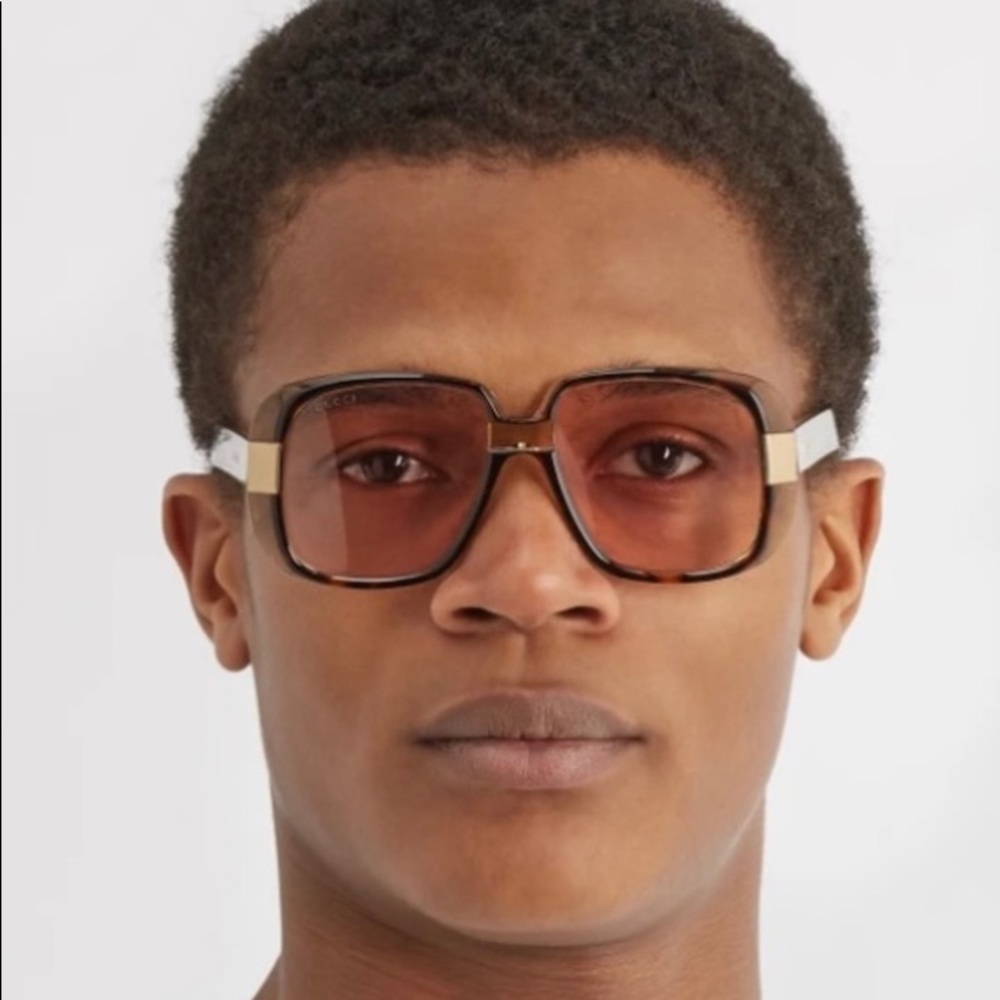 UNISEX GUCCI SQUARE HAVANA AND GOLD FALLING STAR ACCENTED FRAME SUNGLASSES - Picture 14 of 16
